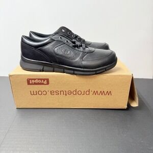 Propet LifeWalker Mens Black Leather Walking Shoes Sneakers Low Top Lace Up